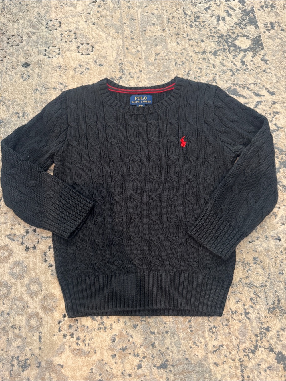 Polo by Ralph Lauren Black Cable Knit Crewneck Sweater with Red Pony Emblem